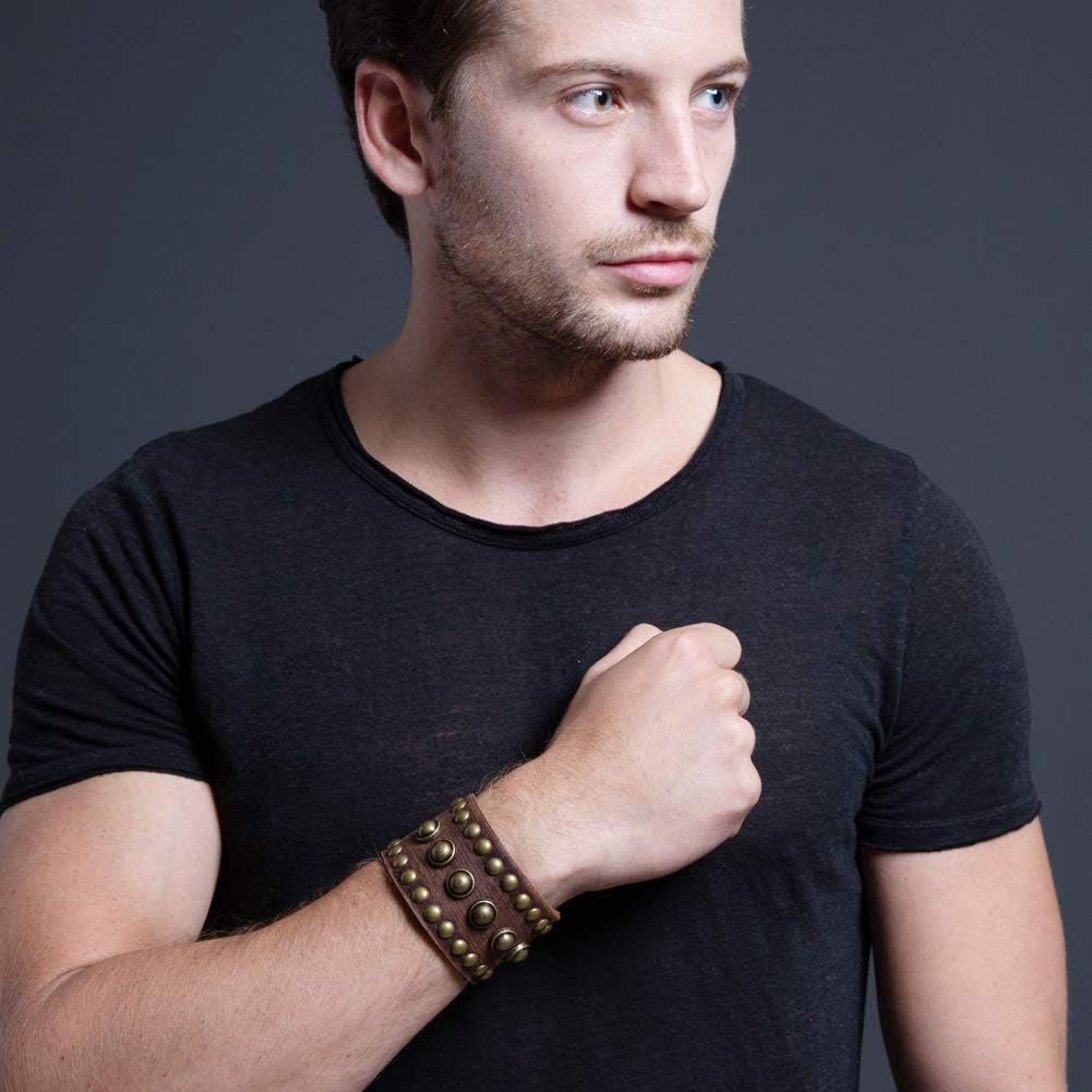 STWTR Men's leather wide waistband Wrist Cuff Bracelet Fashion Bracelet simple coffee adjustable - Image 7