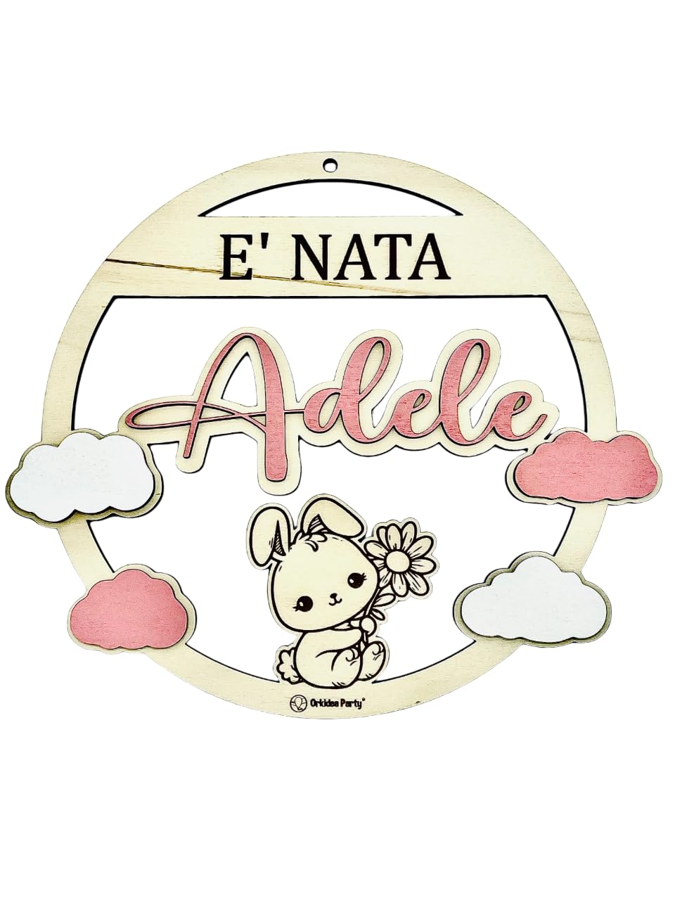 Orkidea Party Fiocco Nascita per Bimba o Bimbo in Legno Personalizzabile, Decorazione Camera, Primo Regalo, per Baby Shower, per Feste.Circa 30cm di Diametro.Made in Italy