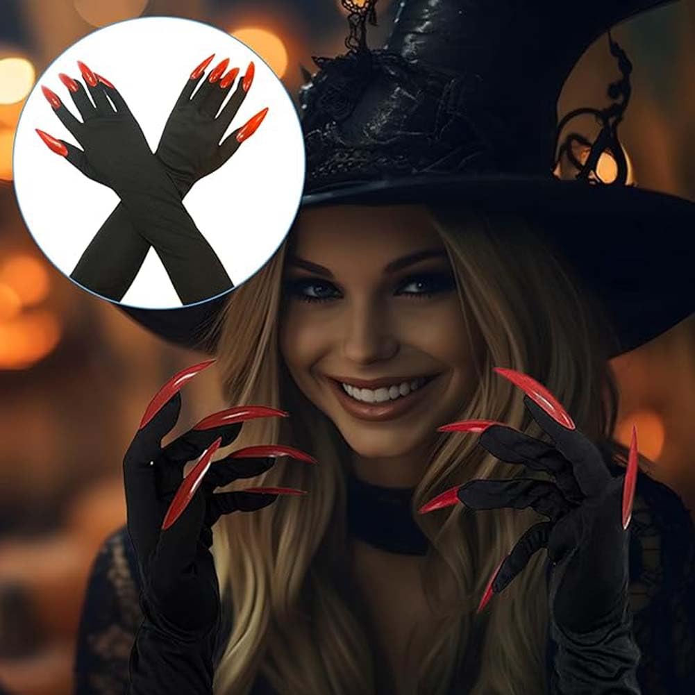 NT-ling Halloween Gloves with Long Nails Cosplay Costume Claw Paw Gloves Mitts Pointed Fingernails Ghost Bizarre Hand Mittens for Carnival Halloween Party Cosplay (Black - Image 4