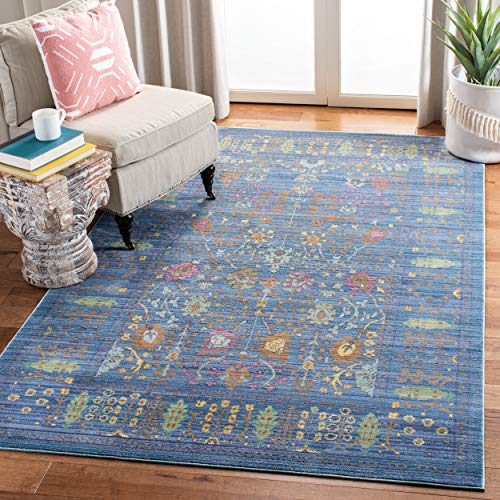 SAFAVIEH Boho Rug for Living Room Dining Room, Bedroom - Valencia Collection, Short Pile, in Blue and Multi, 122 X 183 cm