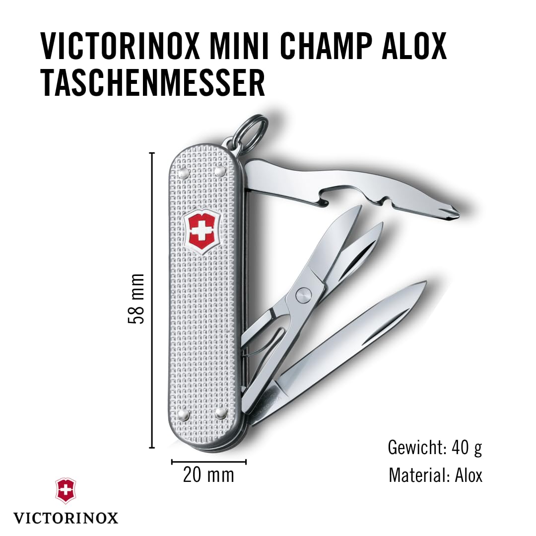 Victorinox Schweizer Taschenmesser Mini Champ Alox, Klein, 15 Funktionen, Swiss Made, Multitool mit Brieföffner, Kapselheber, Drahtabisolierer, Silber