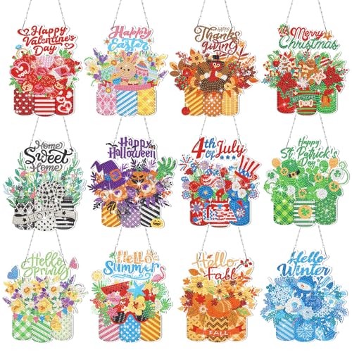 Cinnvoice 12 Pcs Seasonal Diamond Art Wreath Kits Holiday 5d DIY Diamond Art Hanging Signs Winter Spring Ornaments for Wall Door Decoration(Mason Jar)