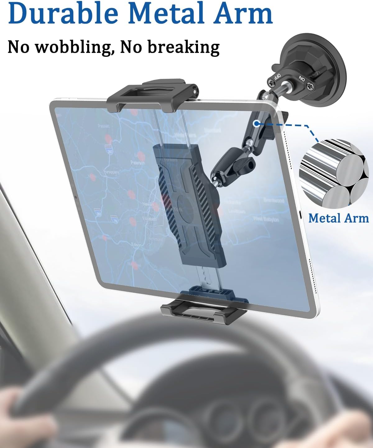 Car Tablet Holder for Dashboard/Windshield,[66LBF Super Suction Cup][Metal Adjustable Arm] Heavy Duty Mount for SUV/Truck, Fits iPad Pro 12.9 Air Mini, Galaxy tab, iPhone, 6.1-15.6" Device