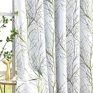 Green White Blackout Curtains 90 inches Long Grey Forest Tree Branch Print Window Panels with Balck Curtain Liner for Bedroom Living Room Thermal Insulated Curtain Drapes Grommet Top 50"w x 2Pcs