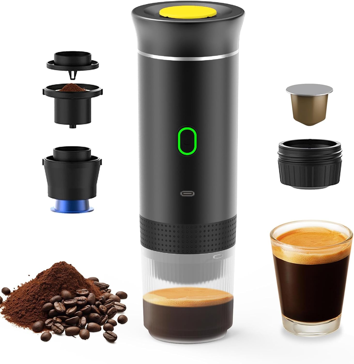 Cafetera Portátil Cápsula de Espresso 3 en 1, Cafetera de Viaje para Camping con cápsulas y café molido, 15 bar y frío y calefacción para coche, casa, viaje