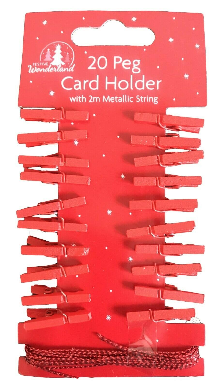 Tallon Red International Pack Of 20 Wooden Peg Christmas Card Holders With Metallic String Festive Colours Card Decoration (Red)