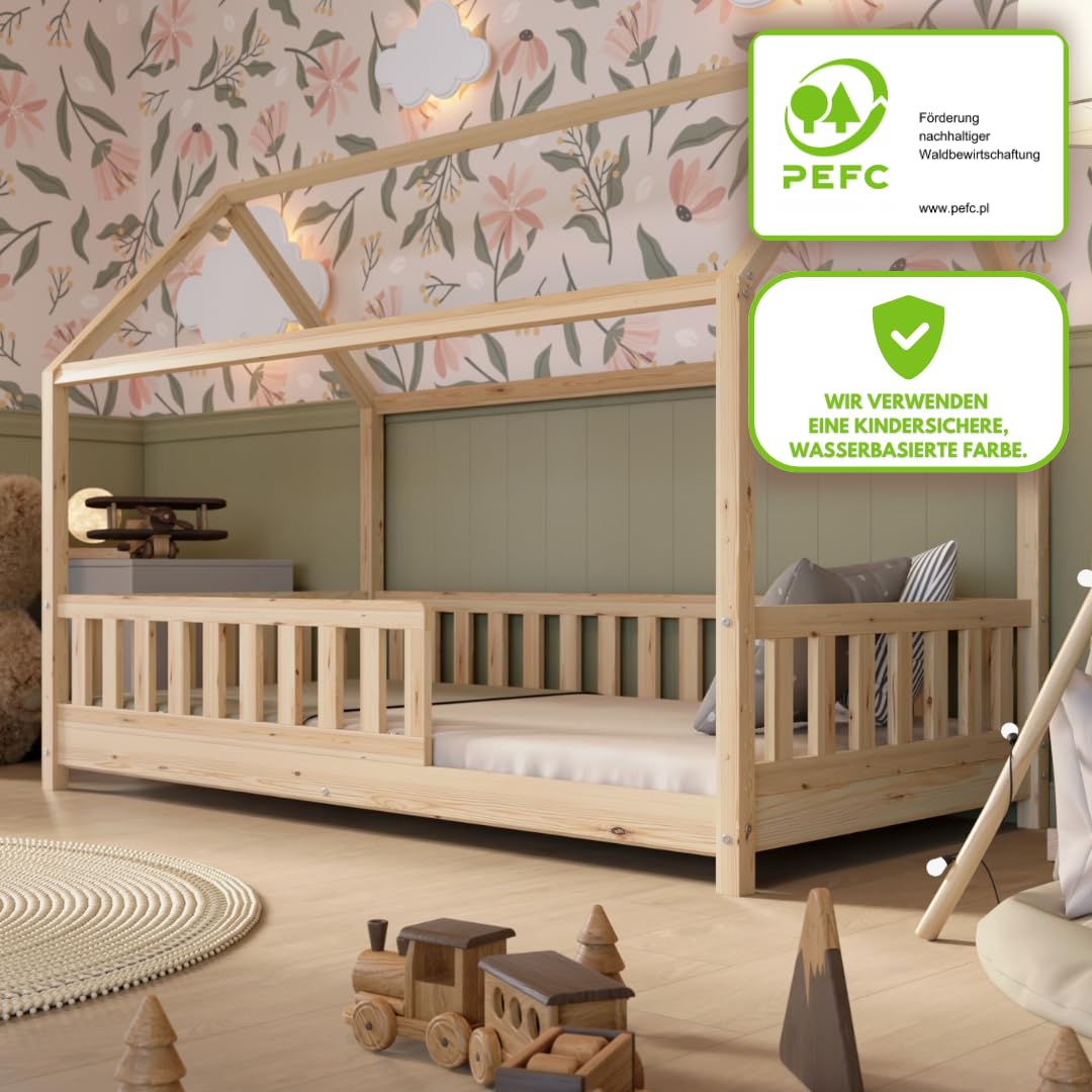 Hausbett 140x200 cm – Kinderbett aus Naturholz mit Rausfallschutz – Skandinavisches Design, Montessori Bodenbett mit Höhenverstellbaren Beinen - Crazy Blanco