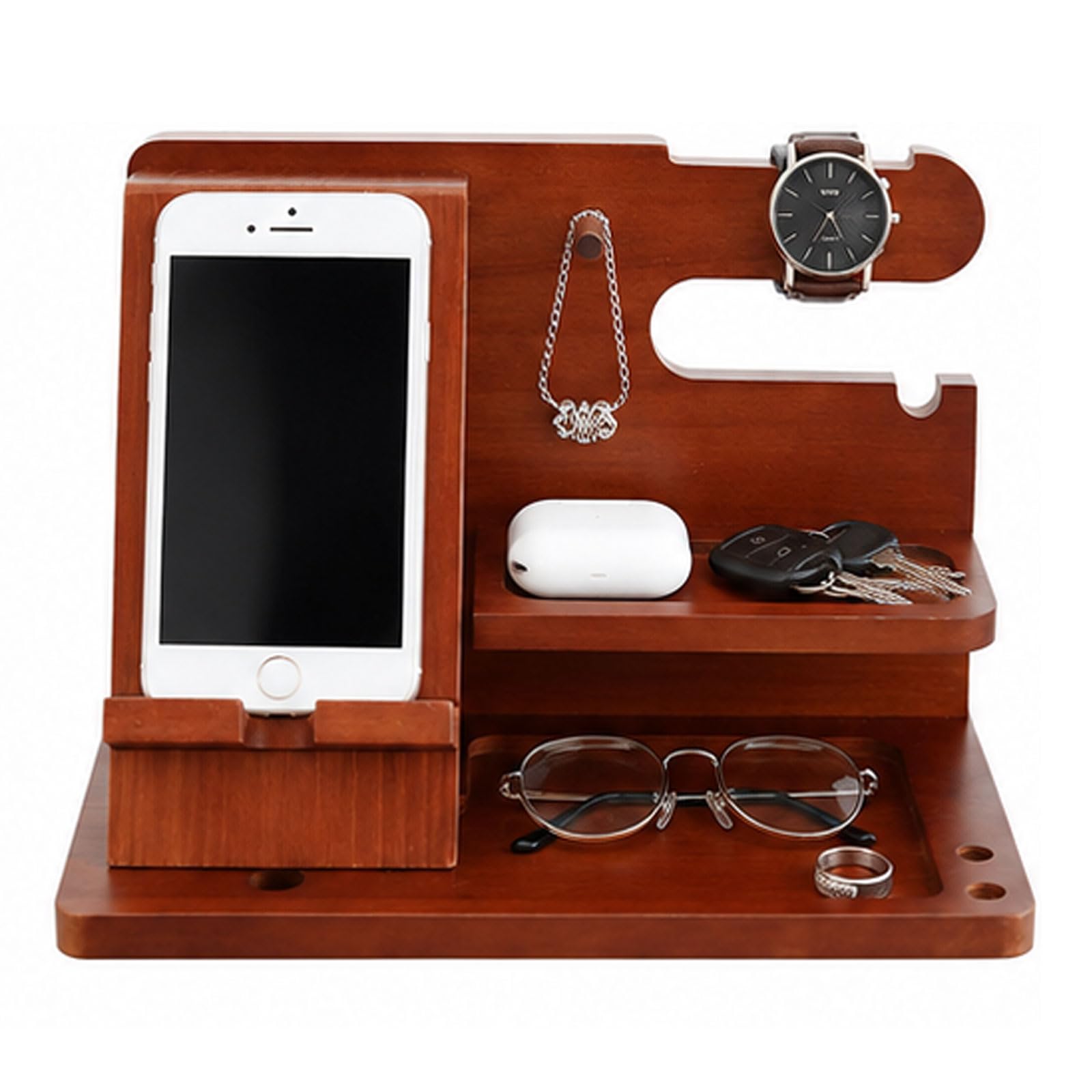Pskjhn Men's Brown Solid Wood Nightstand Organiser, Wooden Phone Docking Station With Watch Holder For Key, Jewellery, Wallet, Earbud And Glasses, Bedside Desk Organiser For Daily Use ,25 * 14 * 17Cm