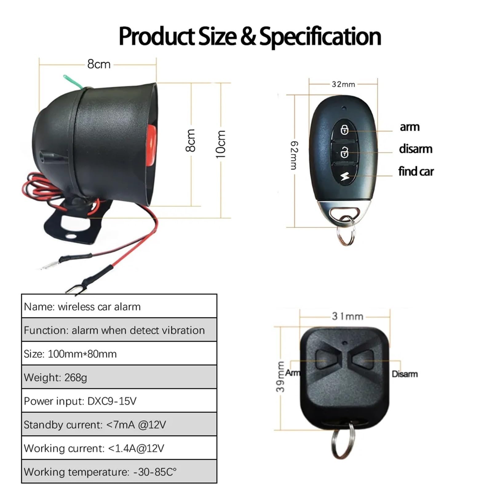 SystèMe D'Alarme Antivol pour Voiture Sirène sans Fil, capteur de Vibrations de Voiture, système d'alarme de sécurité unidirectionnel avec télécommande