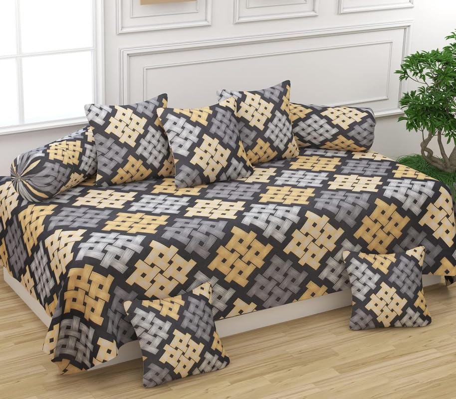 Printed Diwan Set Glace Cotton Cloth Quality Designer Printed 8 Pieces Standard Size 60x90 Inches Diwan Set (1 Single Bedsheet, 2 Bolster Covers, 5 Cushion Covers) KD-Dwn 35-image-40