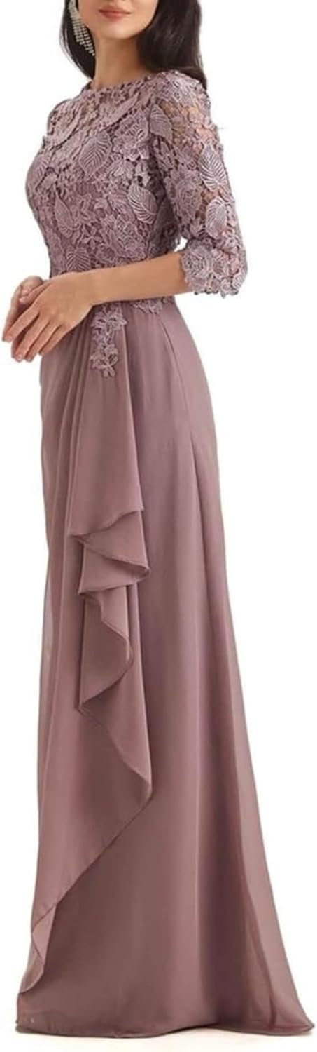 Mother of The Bride Dresses for Women Chiffon Lace Long Formal Dresses with Sleeves Ruched Formal Evening Gowns