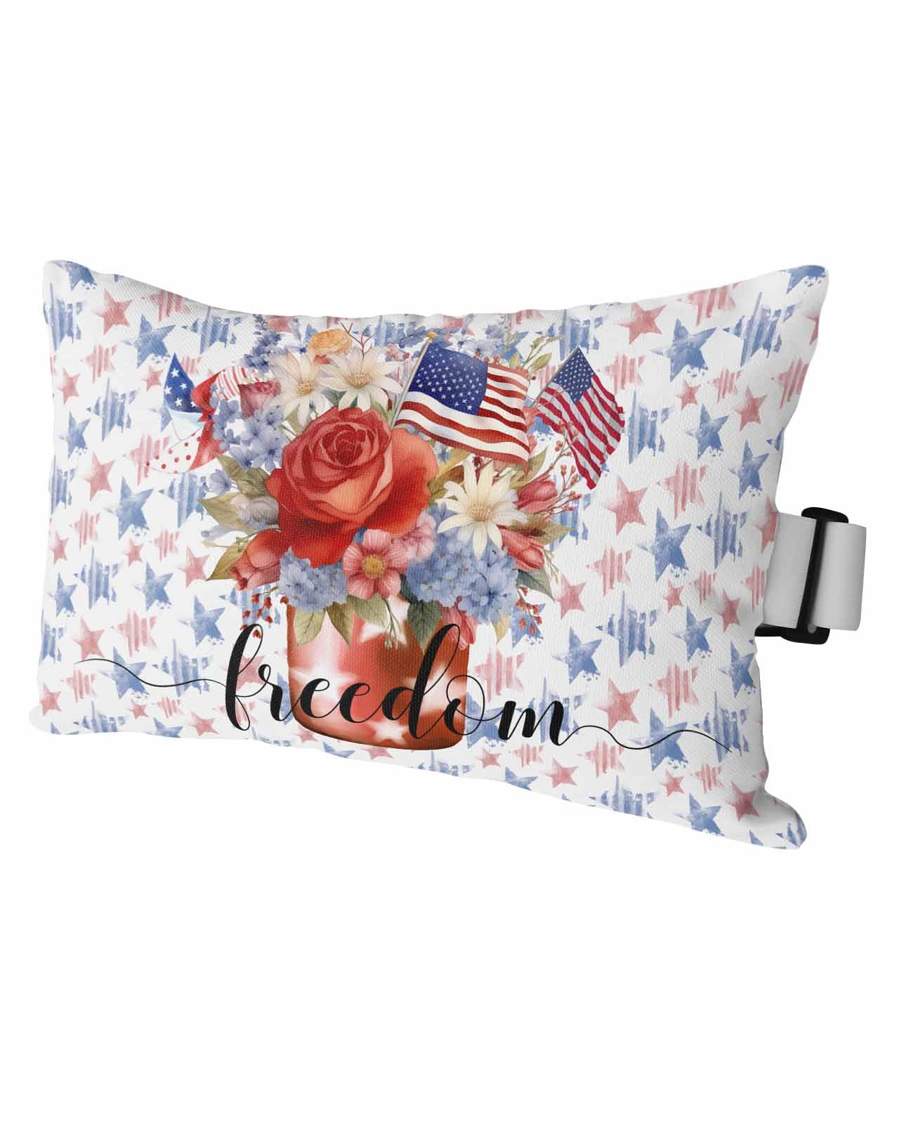 Outdoor Pillows Covers with Inserts 4th of July American Flag Patriotic Star Flowers Waterproof Pillow with Adjustable Strap Throw Pillows for Patio Furniture Pool Lounge Chair, 12x20 Inch, 1PCS