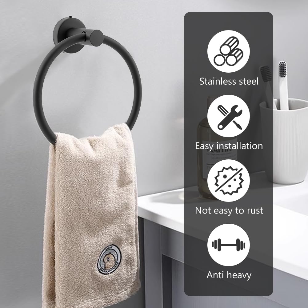 Toilet Roll Holder Towel Ring,2 Pcs Stainless Steel Bathroom Hardware Accessory Wall Mounted Toilet Paper Holder Matte Black Finish for Bathroom and Kitchen(COLOR:black) - Image 4