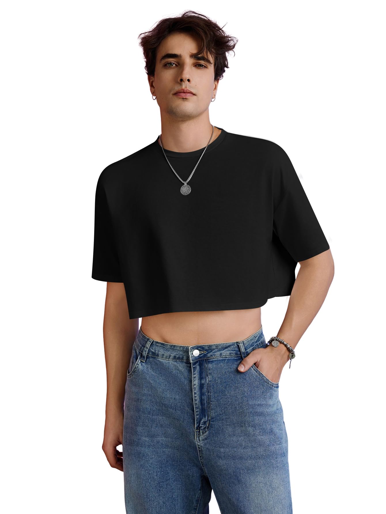 OYOANGLE Men's Half Sleeve Round Neck Drop Shoulder Cropped T Shirt Solid Summer Tee Tops