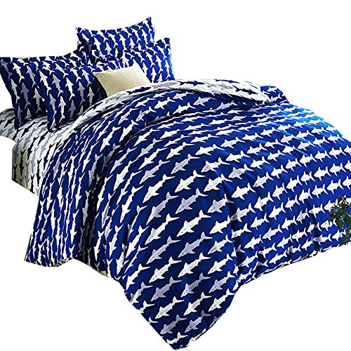 Esydream Home Bedding,Ocean Shark Design Kids Duvet Cover Sets,Queen Twin Size Shark Children Bedspreads,Cotton & Microfiber (No Comforter),Twin Size (4Pc Set) #TOP23