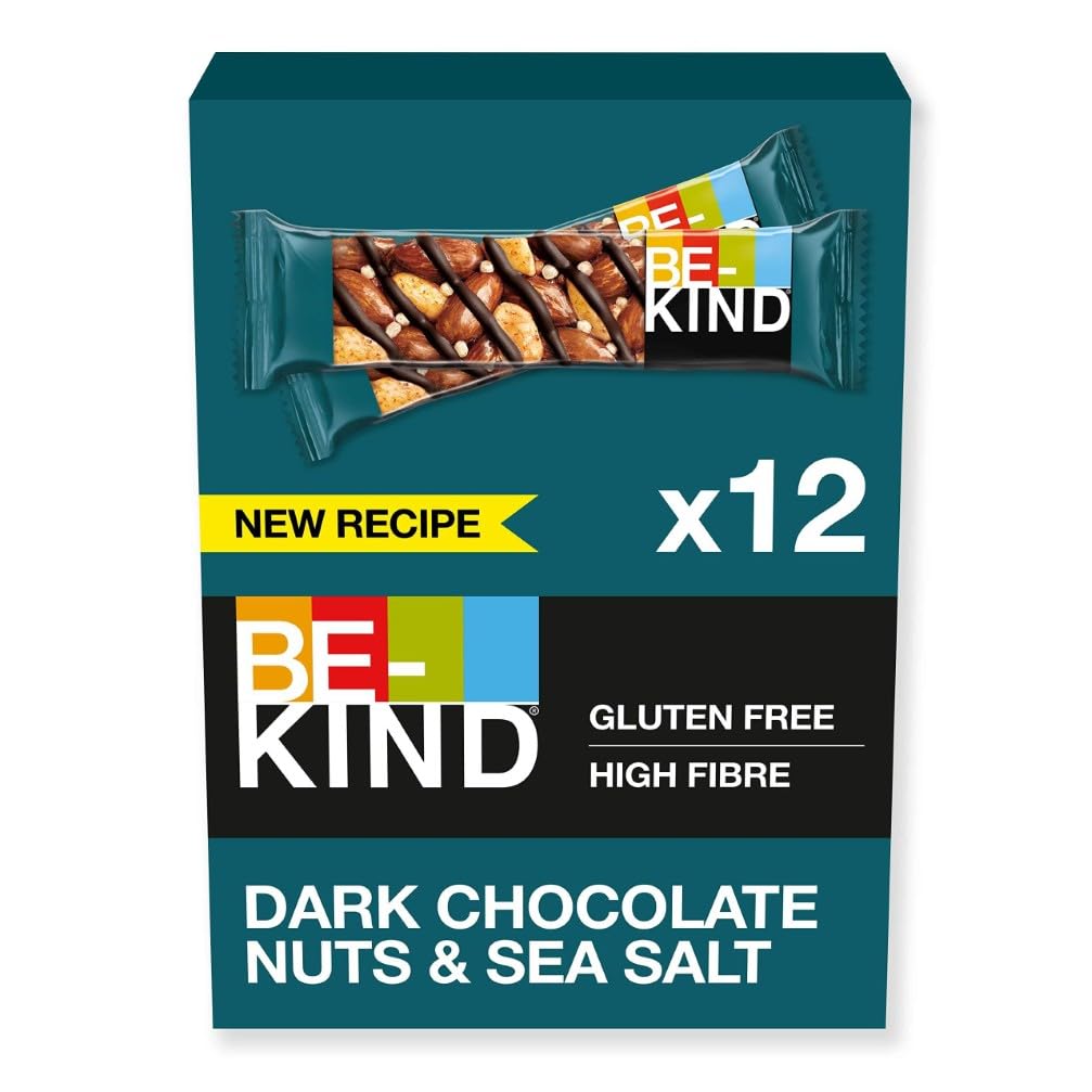 BE-KIND - Barres de Céréales - Chocolat Noir, Amandes & Sel Marin - Sans Gluten - Riches en Fibres - Grand Format - 12 x 40g