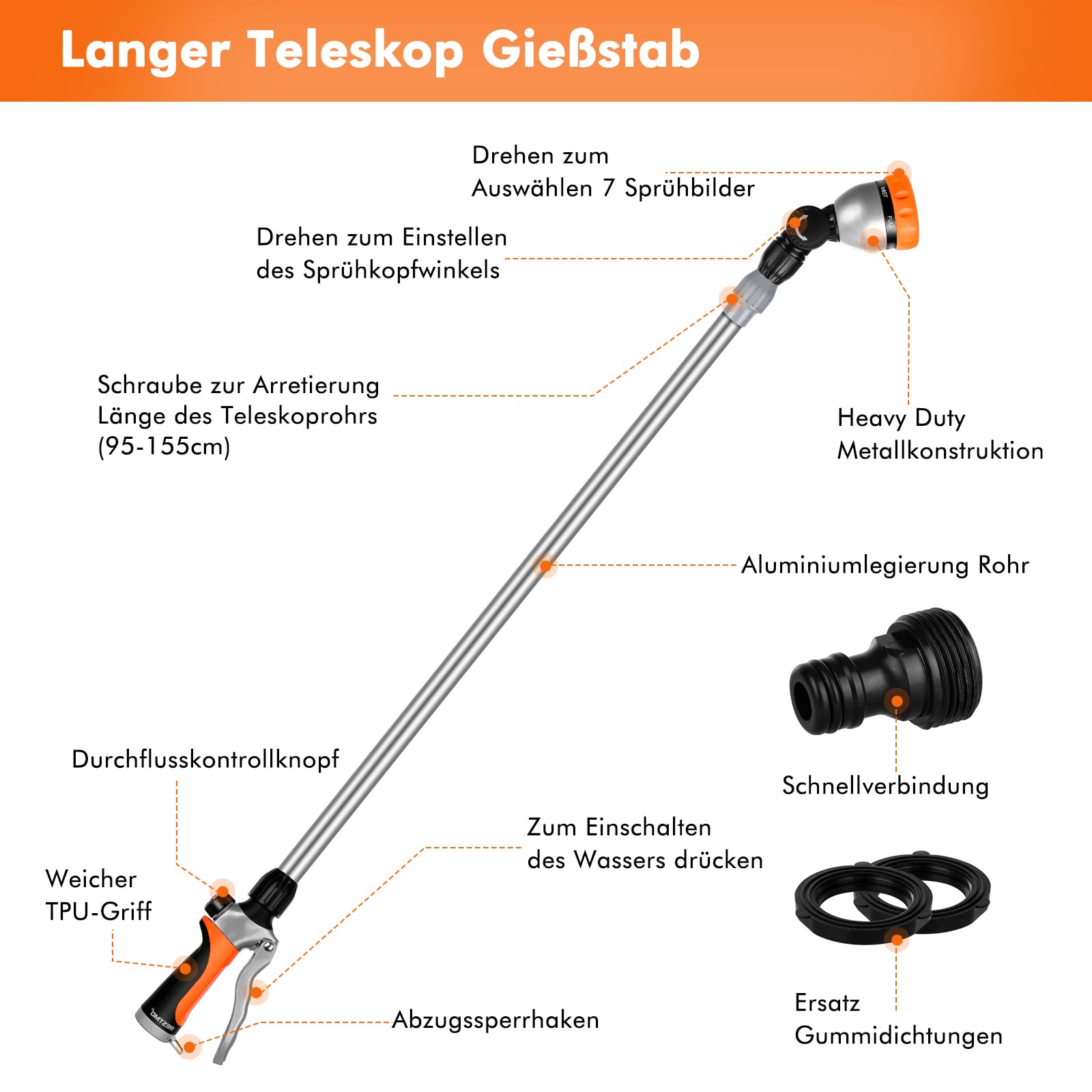 RESTMO Langer Teleskop Gießstab 92-152 cm, Lang Gartenbrause Metall mit 180° schwenkbaren Kopf, 7 Sprühmustern, Durchflusskontrolle, Bewässerung Zauberstab zum Blumenampeln und Sträucher, Orange