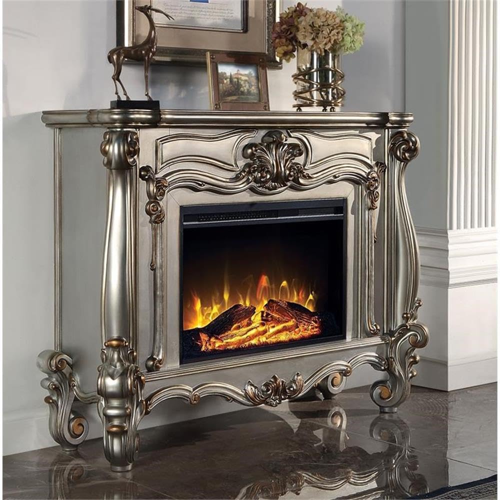 ACME Versailles Rectangular Carving Wooden Frame Fireplace in Antique Platinum
