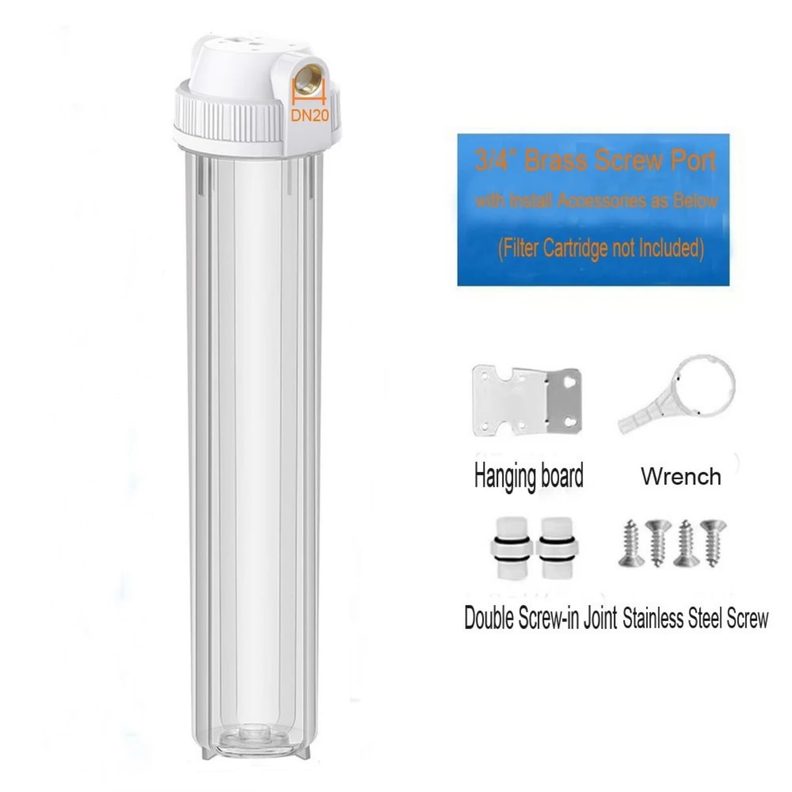 Accessori per filtri, Alloggiamento for filtro acqua trasparente da 20 pollici con connettore in rame 1/2,3/4, prefiltro a grande portata per bagno, cucina(DN20)