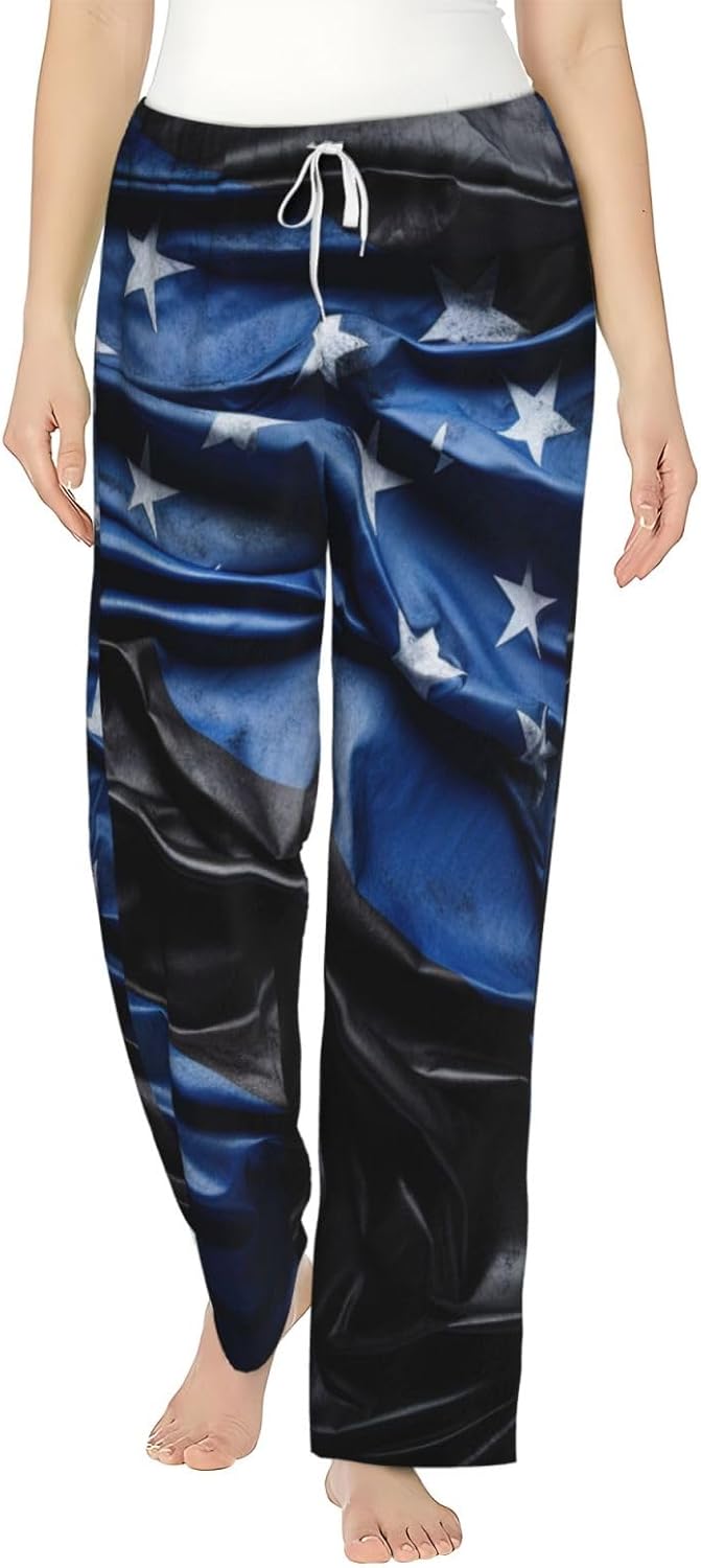 American Thin Blue Line Flag Print Fashion Cozy Womens Flannel Pajama Pants,Perfect For Christmas And Everyday Wear