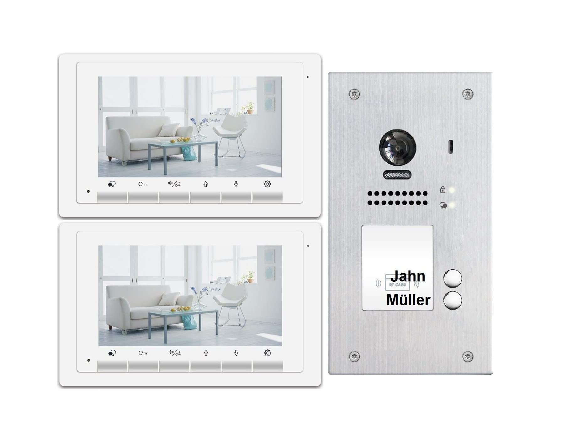 Eurosklep Video Türsprechanlage 2 Familienhaus Video Türklingel RFID 2 Draht Weitwinkelkamera, Gegensprechanlage 2X DT17 Aufputz; 1x DT607 Unterputz White mit Bildspeicher (1 System)