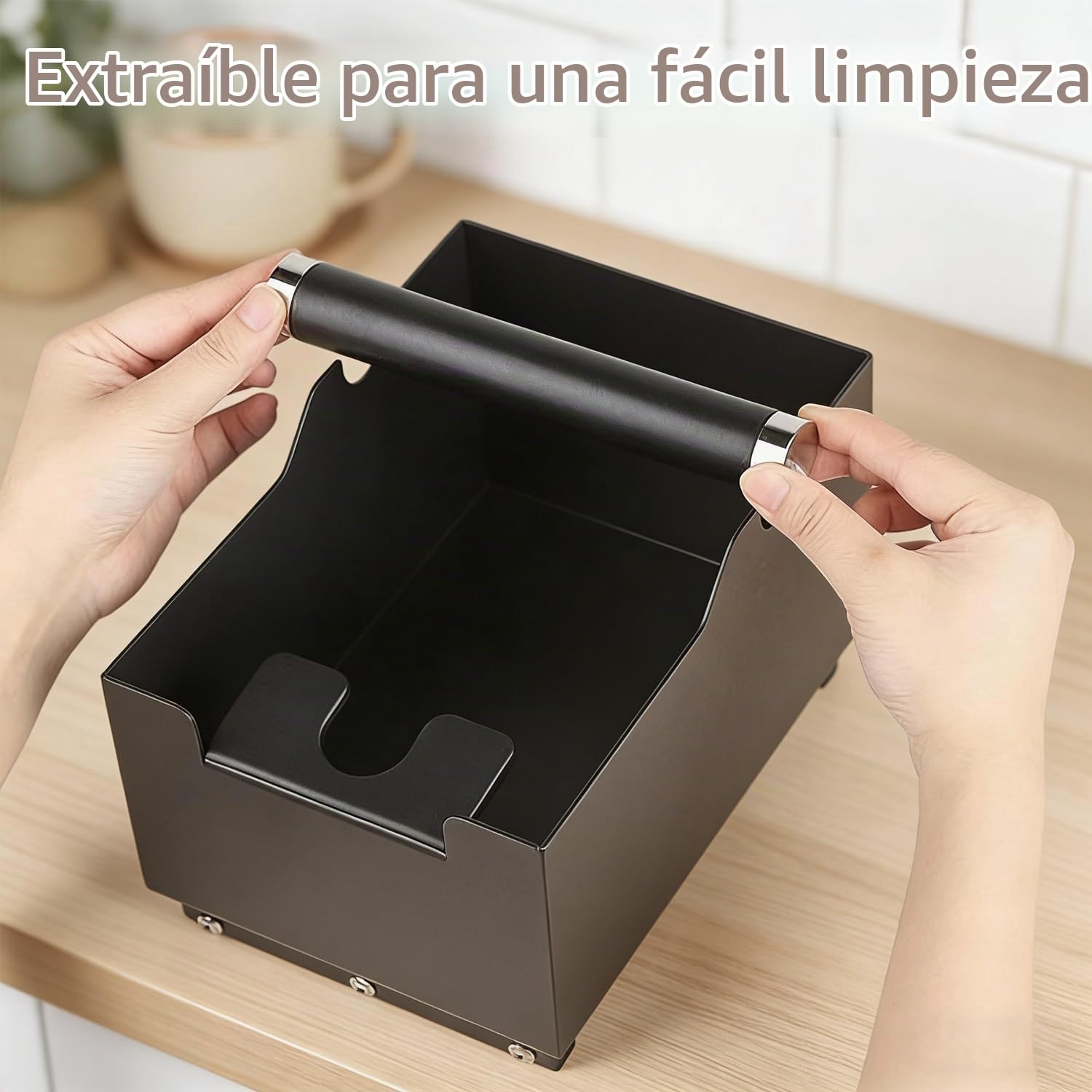 Knock Box de Acero Inoxidable Negro, Diseño 2 en 1 que Integra una Estación de Prensado y Coffee Knock Box, 20x14.5x14 cm