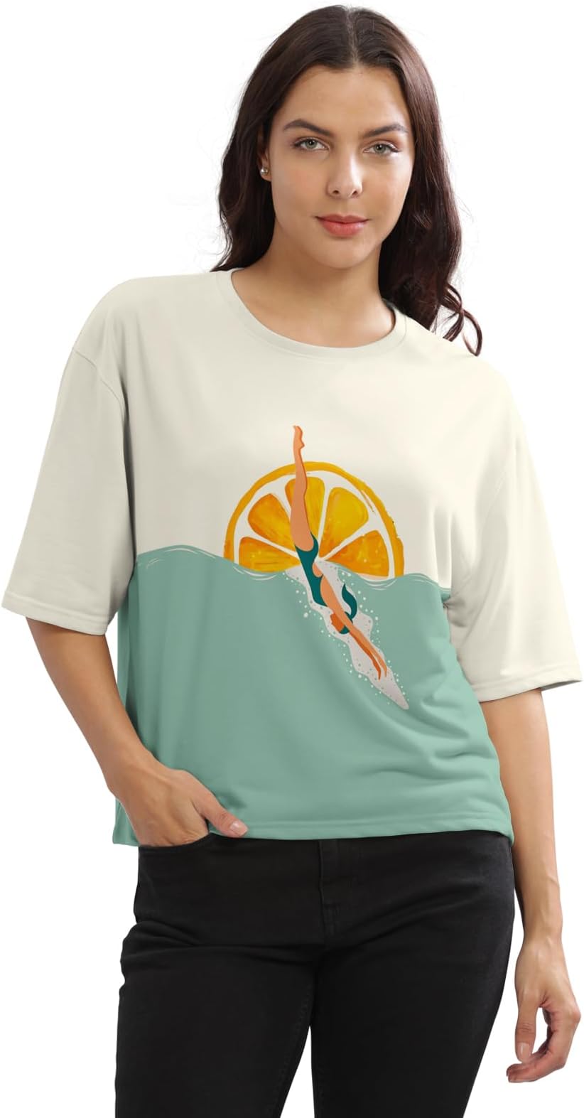 - Beige Printed Loose Fit Crew-Neck Crop T-Shirt for Women