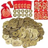 Supla 300 Pcs Chinese Lucky Coins Decorations Feng Shui Coins Good Fortune Coins Good Luck Coins and Lucky Bag for Asian Chinese Lunar New Year Health Wealth Bracelet Charms 2025 Year of The Snake