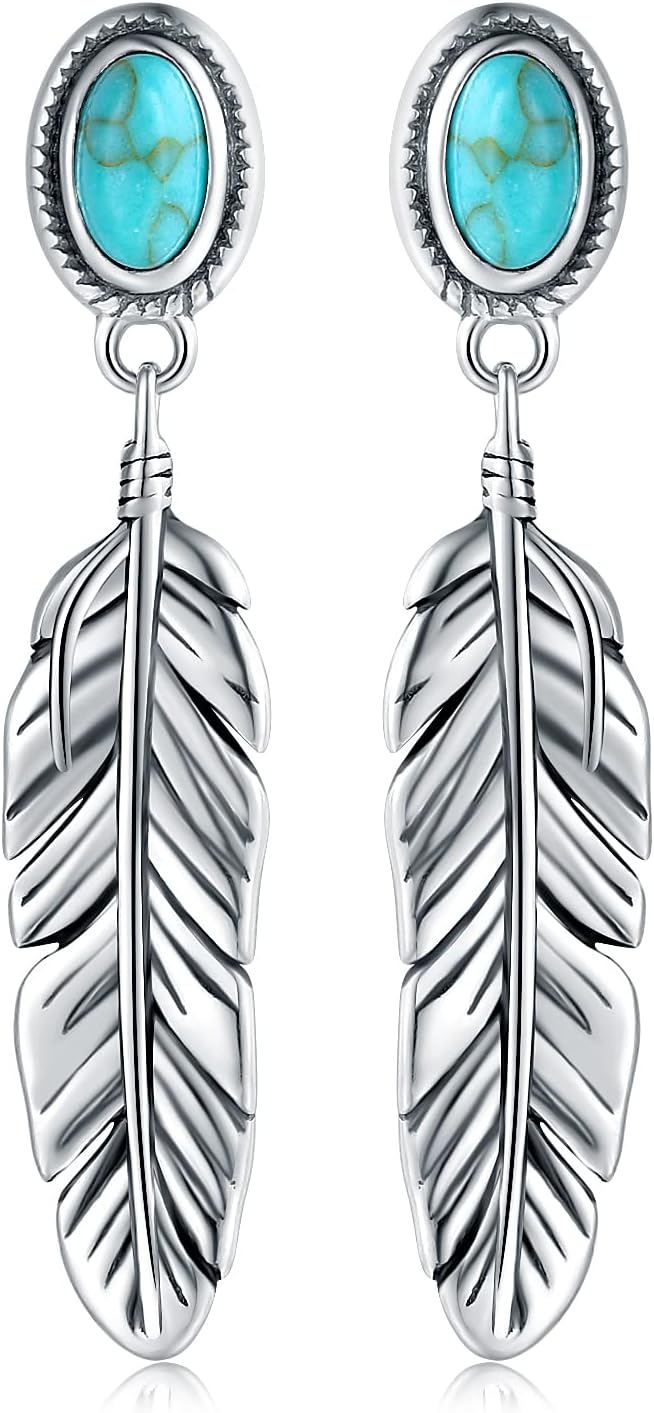 Sterling Silver Turquoise & Malachite Feather Dangle Stud Earrings - Hypoallergenic Western Style - Vintage Eagle Feather Drop Ear Studs for Women