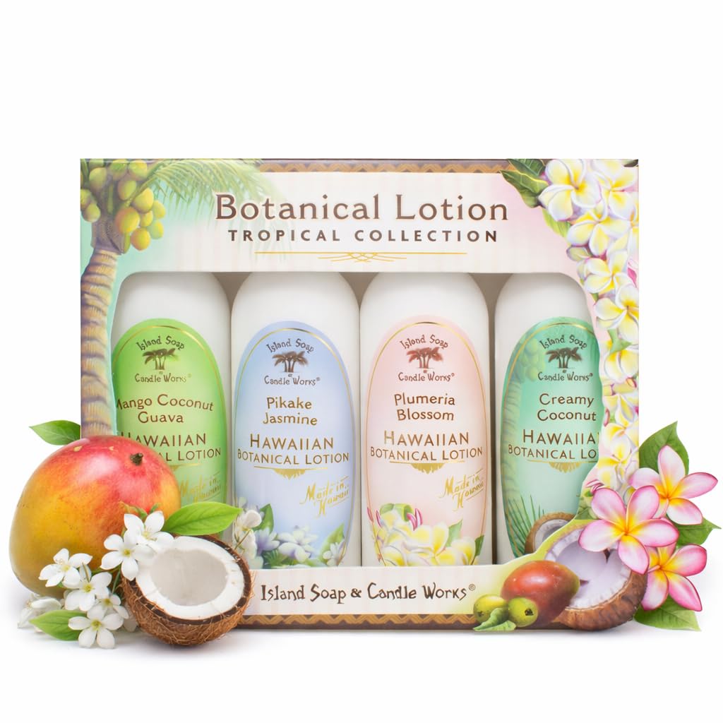 Island Soap & Candle Works Island Soap and Candle Works Sampler Gift Set Scented Body Lotion for Men and Women - Paraben Free Body Moisturizer - Hydrating Hawaiian Skincare - Decorative Lotion Gift Box - 4 x 2 Ounce