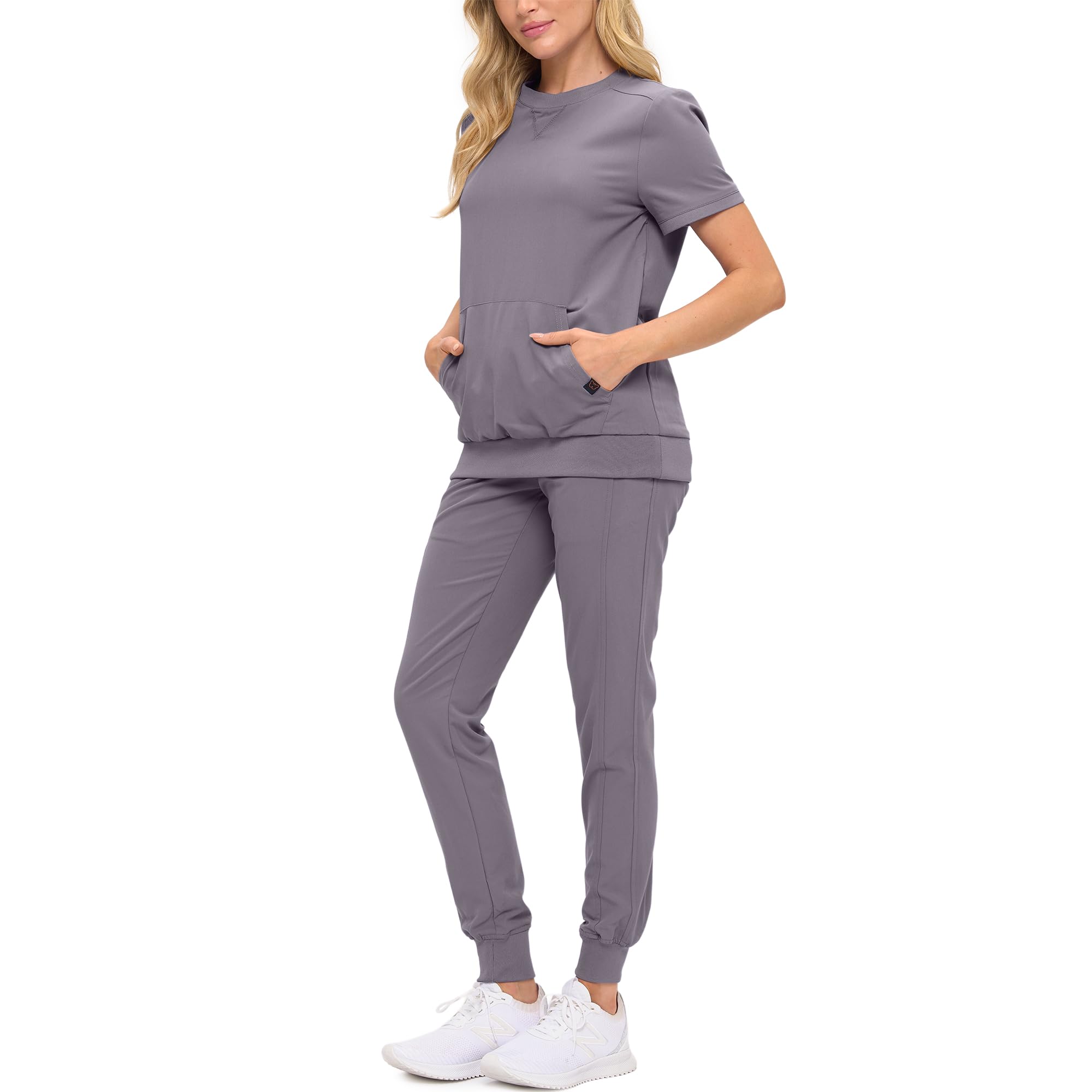 Womens Scrub Set Soft Stretch Fabric Modern Fit Jogger Pants Crew Neck Top