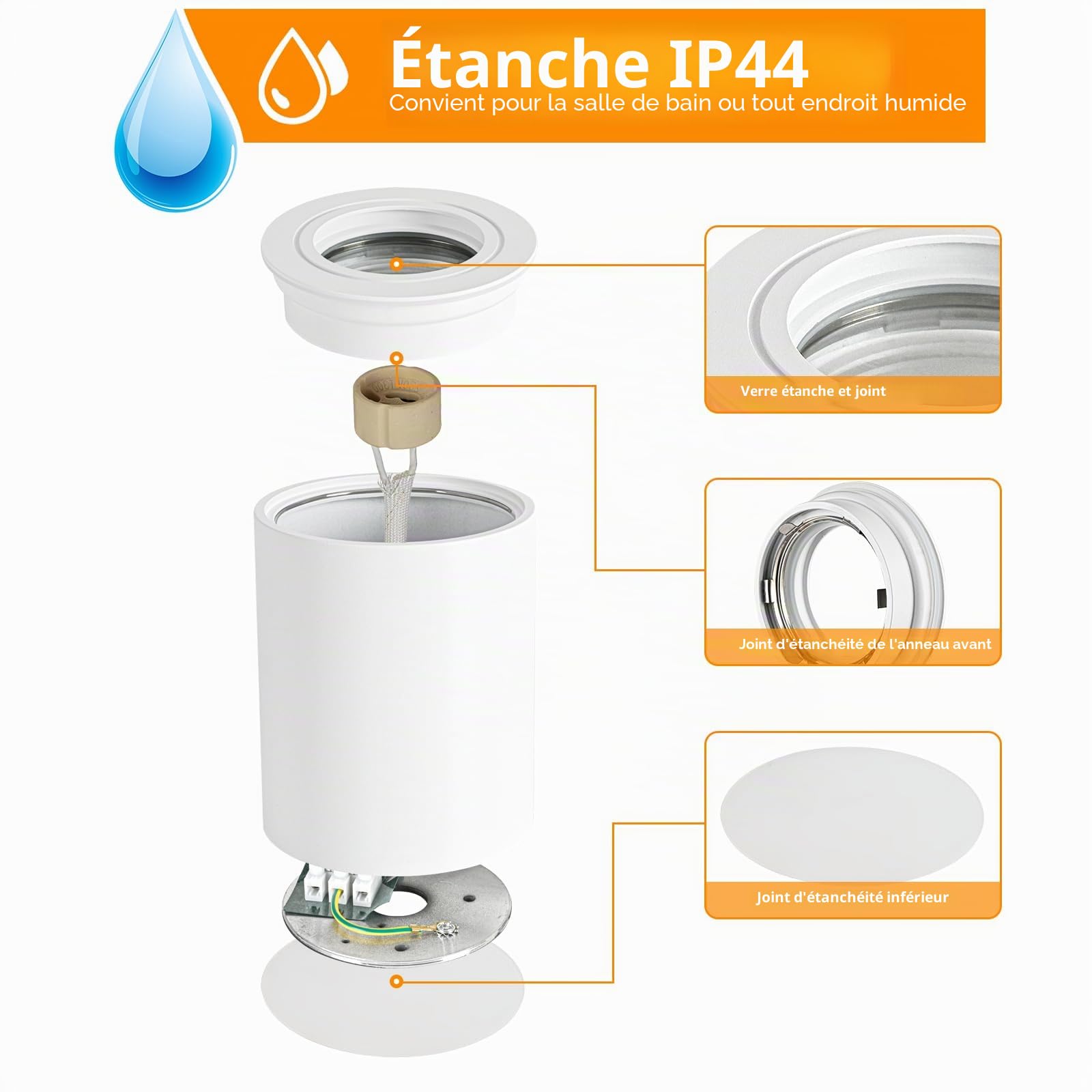 Spot en Saillie Blanc IP44, Plafonnier Salle de bain, Spots de Plafond 230V avec GU10 douille, Ø80x95mm Aluminium Rond Downlight pour Modules GU10 et LED, Lot de 4