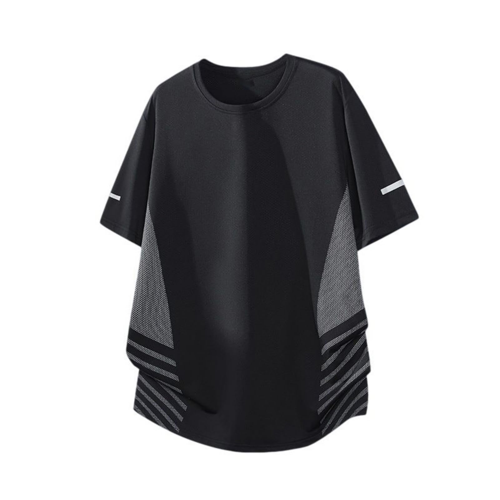 T-shirt da uomo a maniche corte in seta di ghiaccio a righe con colletto rialzato, vestibilità larga, per allenamento, corsa, abbigliamento all'aperto