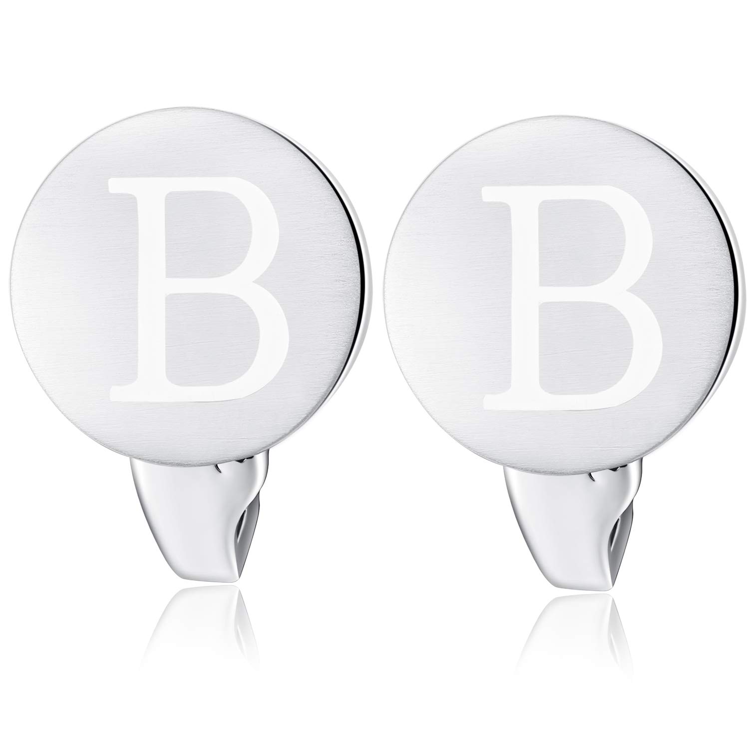 HONEY BEAR Initial Alphabet Letter Cufflinks for Men, Brushed Silver Round Shape Wedding Business Gifts, A - Z (B)