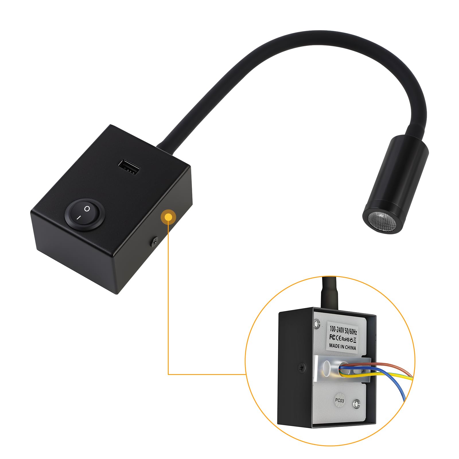 Lampada da Lettura a LED da Parete 3W con Collo d'oca Flessibile 360° USB 3000K Nero