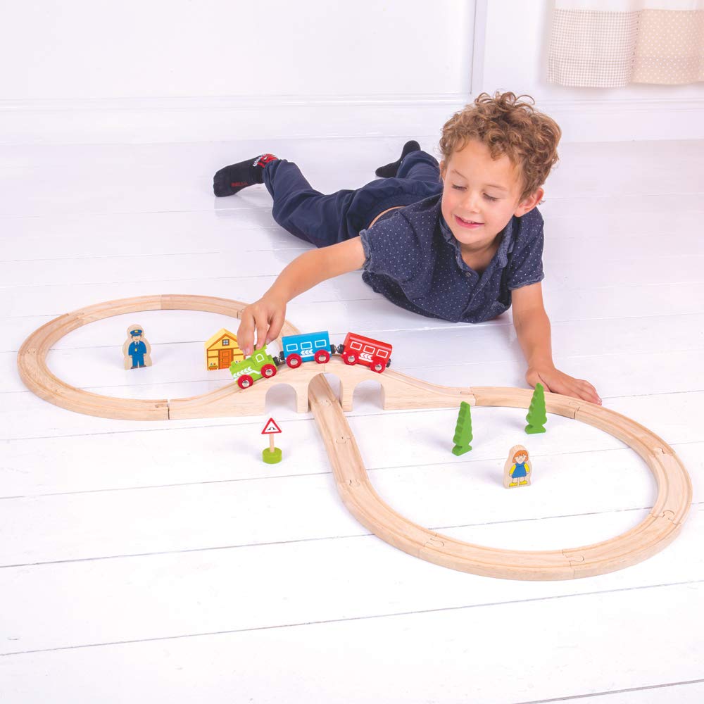 Bigjigs Rail, Figurka ośmiu pociągów, drewniane zabawki, nagradzany drewniany zestaw pociągów, drewniane zabawki dla 3, 4, 5, 6 lat, zabawka pociągowa, drewniany tor, tradycyjny zestaw pociągowy