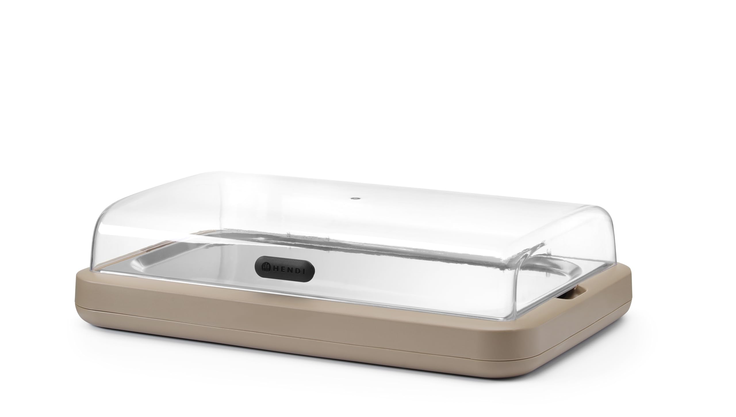 HENDI Expositor refrigerado UNIQ con cubierta transparente abatible de ABS, conjunto exhibidor con bandeja de acero inoxidable GN 1/1, bloque refrigerante, 593x389x(H)147mm, polipropileno, beis