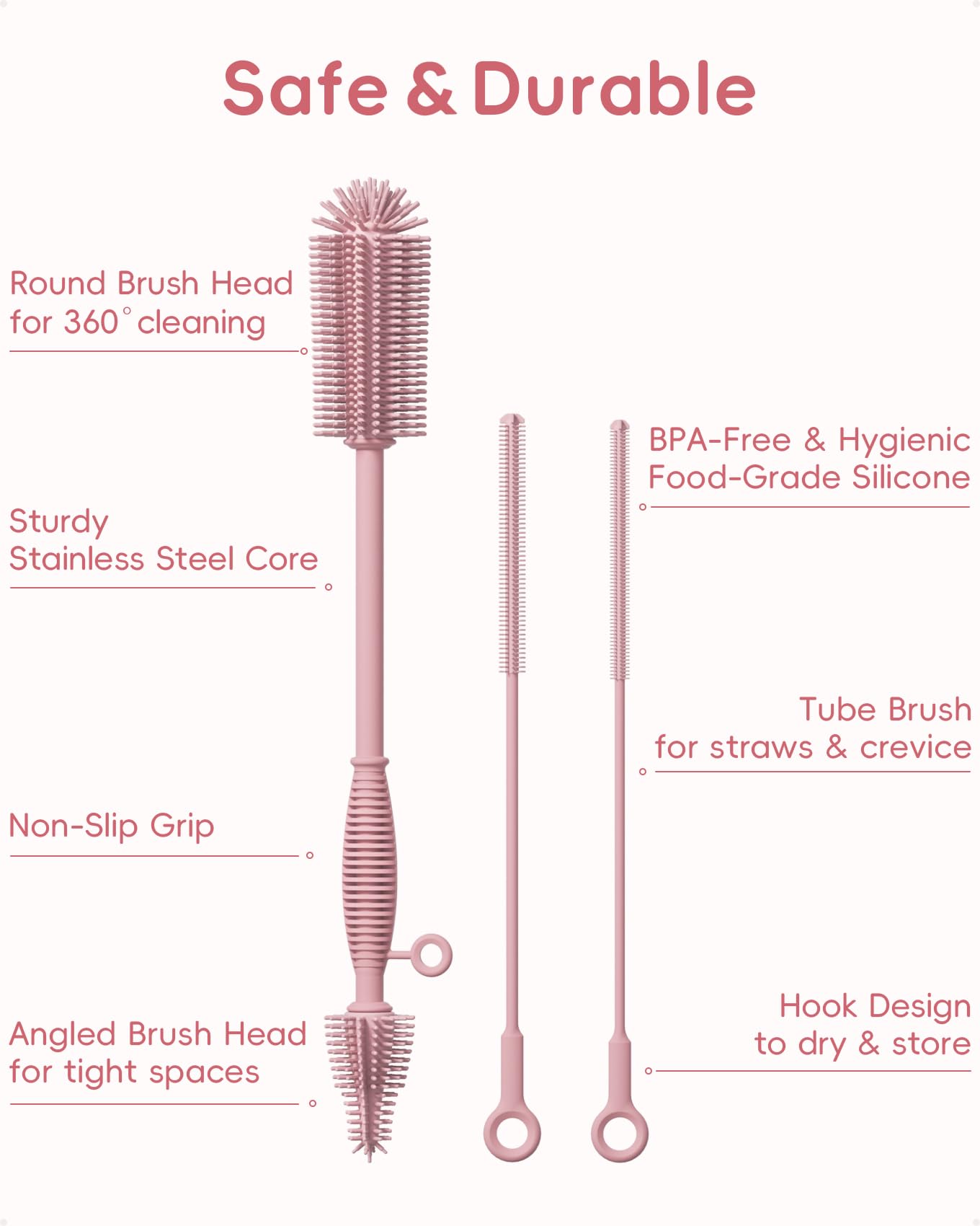 Flaschenbürste und Strohhalm-Reiniger-Bürsten-Set, extra langer doppelseitiger weicher Silikonbürstenreiniger für Babyflaschen, Wasserflaschen, Tassen, Milchpumpen, abnehmbar & zum Aufhängen
