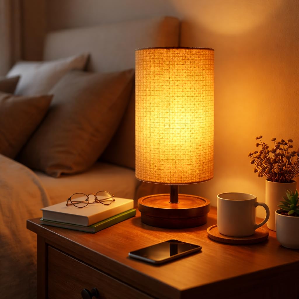 Lexton 13 Inch Textured Fabric Shade Table Lamp with Wooden Base | Modern Cylindrical Bedside Lamp for Living Room, Bedroom, Study Table & Home Decor | Soft Ambient Lighting | Bulb Not Included