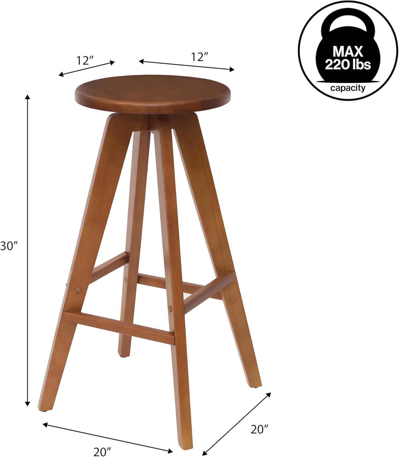 JONATHAN Y Ceren 30.5" Walnut Brown Solid Rubber Wood Backless Bar Stool, Modern Round Seat Wood Barstool with Integrated Footrest for Kitchen Island and Home Bar BSL2001B