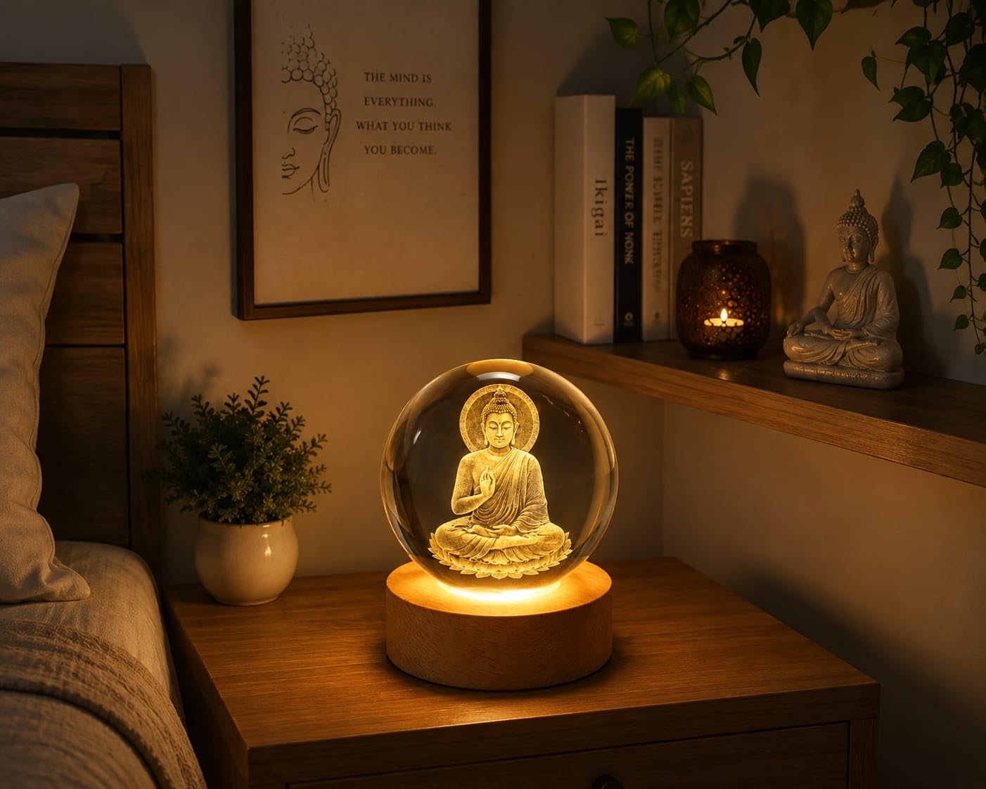 Crystal Ball Buddha Night Lamp with Wooden LED Base, 3D Laser Engraved Glass Buddha Lamp, Warm White USB Table Lamp for Bedroom, Living Room, Meditation, Home Decor & Gift (8 cm)-image-49