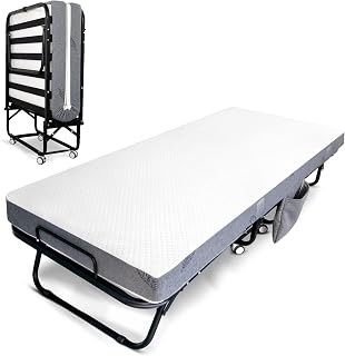 Sapphirana Folding Bed with Mattress for Adults - Single Size 75x31 Portable Rollaway Guest Bed, Sturdy Metal Wood Frame 400 lbs