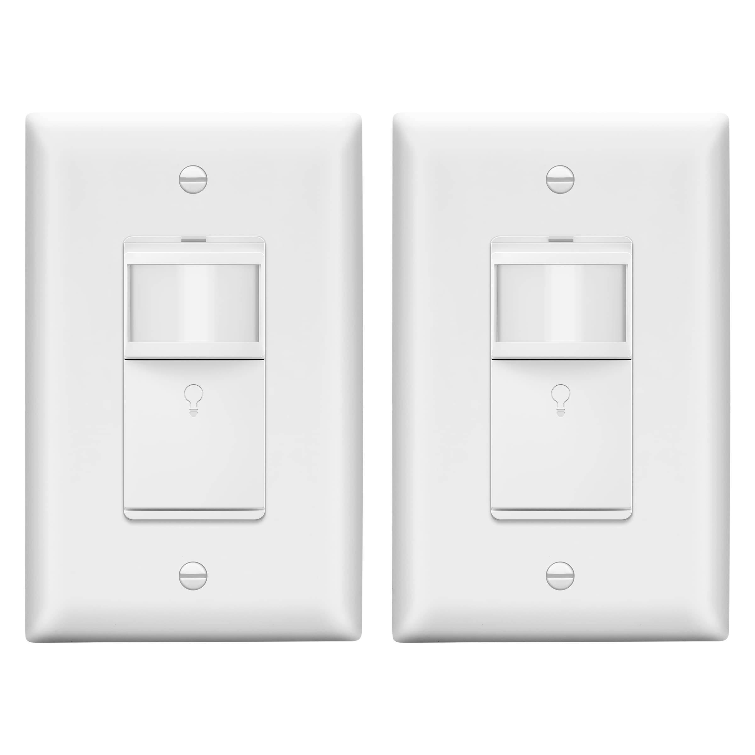 LIDER PIR - Interruptor de sensor de movimiento de vacante con luz guía LED, cobertura de 1200 pies cuadrados, sin neutro, sin tierra, retardo de tiempo ajustable, certificación UL, placa de pared