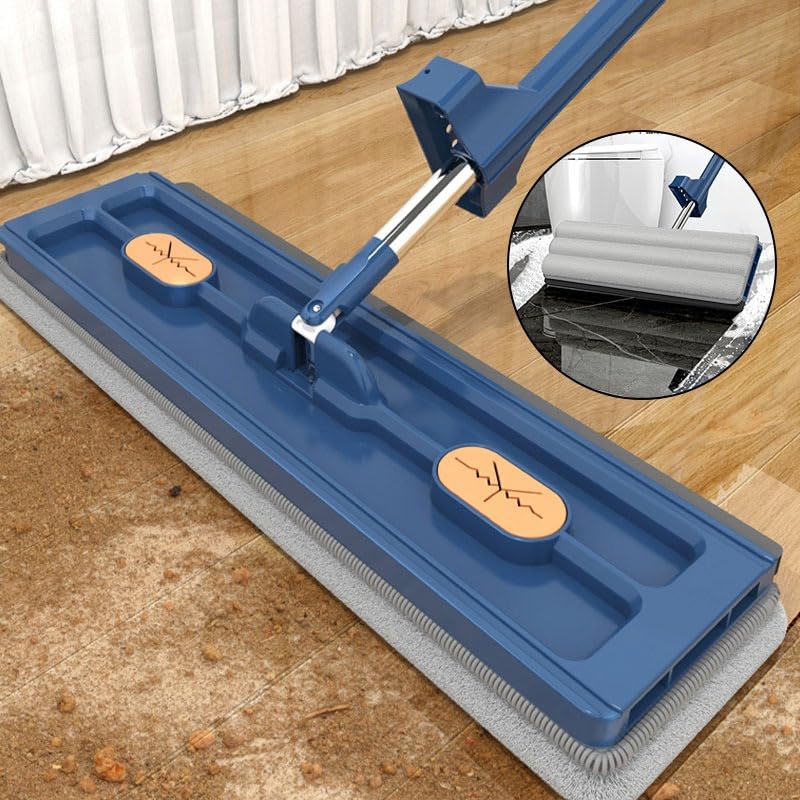 Grande scopa piatta, set con secchio, lavapavimenti con funzione di strizzatura, girevole a 360°, set con 4 cuscinetti in microfibra, mocio per piastrelle in legno duro