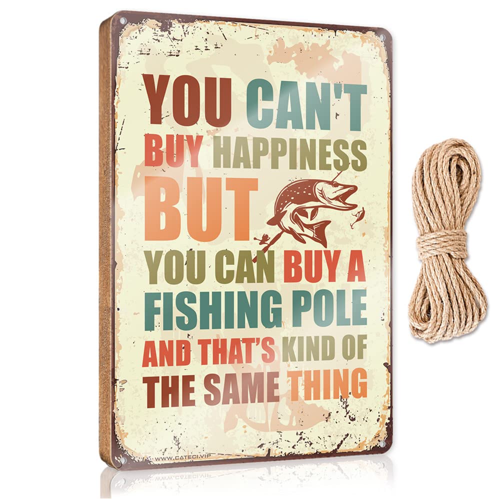 Dtha One Color Signs And Plaques You Can't Buy Happiness But Can A Fishingpole Wooden Sign Home Decor Farmhouse Fall Door Decor(23X35cm)