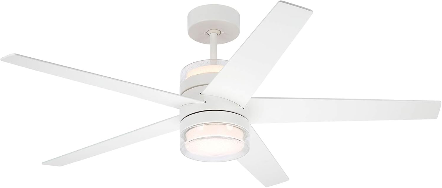 Kathy Ireland Home Lucere 52 Inch Ceiling Fan with Light Kit | Modern Indoor Fixture with Integrated LED Uplight and Downlight Design | 6-Speed Wall Control with 5 Blades and Downrod, Satin White
