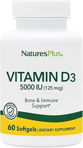 NaturesPlus Vitamina D3 5000 UI - 60 cápsulas blandas - Fuerza ósea y apoyo inmunológico - 60 porciones