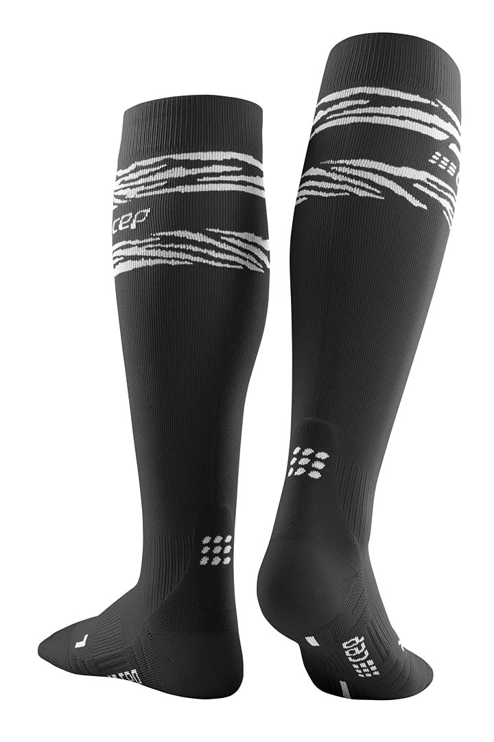 CEP Animal Compession KNEE - Calze al ginocchio da uomo, a compressione in nero con motivo tigre bianche