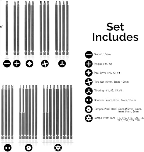 Miniatura 7 de NEIKO 10224A Juego de brocas de seguridad extra largas de 1/4 pulgadas, 32 puntas de destornillador para taladro, juego de brocas Torx de acero S2