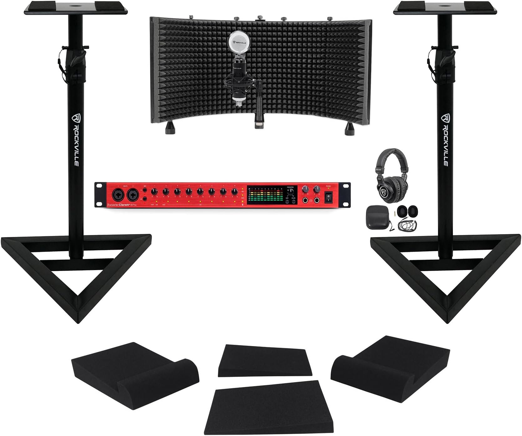 Audiosavings Bundle: Focusrite Clarett+ 8Pre Interface Bundle with Rockville PRO-M50 Headphones, RCM03 Mic, ROCKSHIELD 3 Shield, RVSM1 + Pair RRS190S(6 Items)